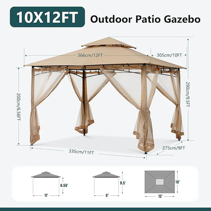 MASTERCANOPY Outdoor Garden Gazebo for Patios with Stable Steel Frame and Netting Walls (10x12,Beige)