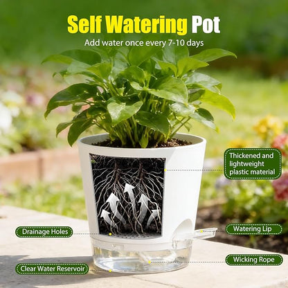 Plant Pots 7 Inch Self Watering Pots, 6 Pack Plastic Planters with Drainage Holes and Clear Saucers,Plastic Flower Pots for Indoor Out Door Plants(White)
