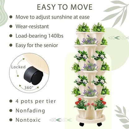 Umigy 2 Set of 7 Tier Vertical Planter Stackable Tower Planters Strawberry Herb Flower and Vegetable Pots Indoor Outdoor Gardening Pots with Removable Wheels and Tools(Beige)