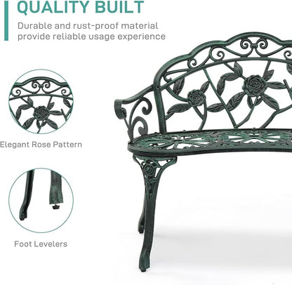 VINGLI 38.5" Patio Park Garden Outdoor Metal Rose Bench, 2-Person Cast Iron Cast Aluminium Frame Antique Finish Chair,Accented Lawn Front Porch Path Yard Decor Deck Furniture (Green, Rose)