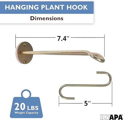Ilyapa 3 Pack Metal Wall Plant Hangers - 7.5 Inch Plant Hanger for Indoor - Rustic Brass Finish Hooks for Hanging Plants, Baskets, and Macrame - Indoor Hangers for Plants, Lanterns or Wind Chimes