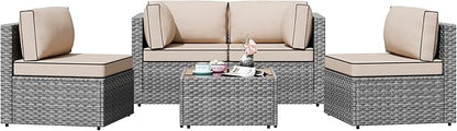 Shintenchi 5 Pieces Outdoor Patio Furniture Sets, Patio Sectional Sofa Couch, Gray PE Wicker Furniture Modular Patio Conversation Sets Patio Sofa with Washable Cushions & Table（Khaki）