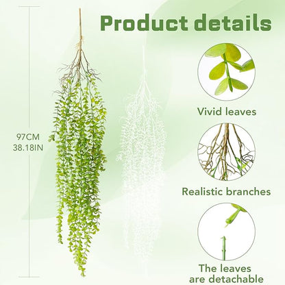 2 Pack Fake Hanging Plants, Artificial Hanging Eucalyptus Plants Greenery Vines UV Resistant Faux Trailing Plants for Indoor Outdoor Wall Shelf Porch Boho Home Patio Decor (2PCS Dark Green)