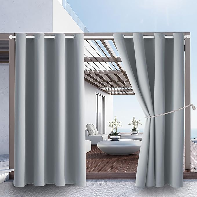 Waterproof Outdoor Curtain W52 x L63 - Grommet Top Sunlight Blocking Window Treatment Drapes Blackout Curtains for Home Bedroom Living Room Outdoor Patio Porch Pergola (Light Gray, 2 Panels)
