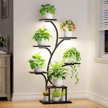 Plant Stand Indoor with Grow Lights, 7 Tiered Indoor Plant Shelf, 49" Corner Plant Stands for Indoor Plants, Metal Plant Flower Display Shelf, Tree-Shaped Plant Rack for Home, Black