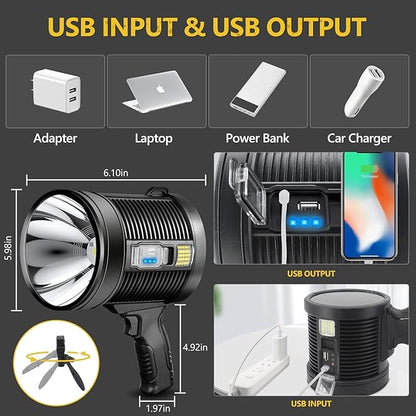 Spotlight 1000000 Lumens, 6 Modes Led Rechargeable Spotlight Flashlight As Seen on TV with Tripod, 3 Color Filters, Super Bright Solar Spot Lights Outdoor Handheld for Hunting, Boating, XXXL