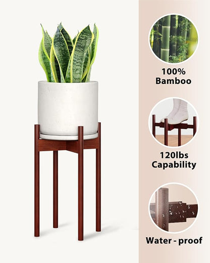 Adjustable Plant Stand Indoor, Bamboo Plant Stand Fits 8 9 10 11 12 Inches, Small Corner Planter Holder for Indoor Plants, Single Floor Plant Stands for Living Room Balcony, Reddish Brown Tall