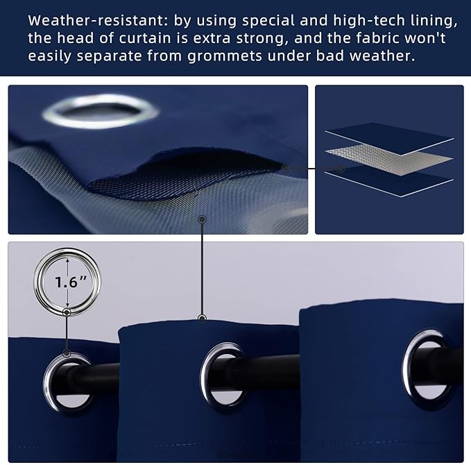 Water Proof Outside Curtains with Grommet Top for Porch, W84 x L95 Thermal Insulated Washable Light Block Outdoor Divider Drapes for Patio Gazebo Deck Pool Area Pergola Cabana (Navy)
