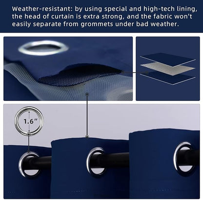 Water Proof Outside Curtains with Grommet Top for Porch, W52 x L120 Thermal Insulated Washable Light Block Outdoor Divider Drapes for Patio Gazebo Deck Pool Area Pergola Cabana (Navy, 2 Panels)