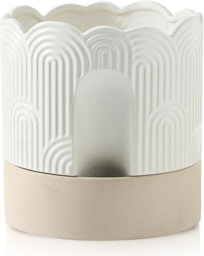 Nihow Self Watering Plant Pot for Indoor Plants with Wick: 8 Inch Ceramic Planter with Drainage Hole & Water Storage - Relief Design - Beige & Nature Flower Pot