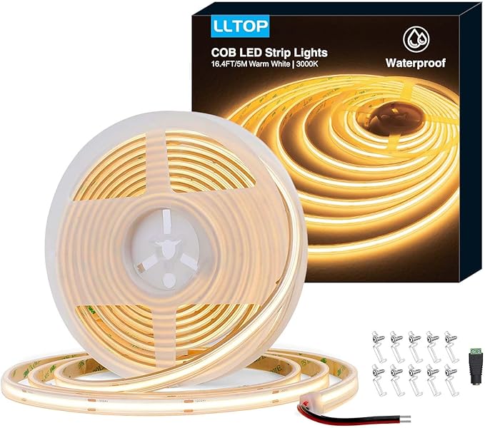 COB LED Strip Lights Waterproof IP67 DC24v Warm White 3000K 16.4ft/5m High CRI 92Ra+ Outdoor LED Tape Lighting DIY Cuttable for Bedroom Kitchen Cabinet Shelf (Power Supply Not Included)
