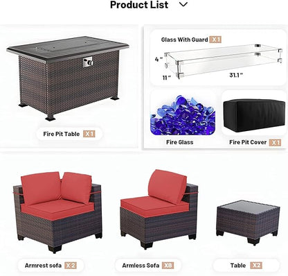 Kullavik 15 Pieces Outdoor Patio Furniture Set with 43" 55000BTU Gas Propane Fire Pit Table PE Wicker Rattan Sectional Sofa Patio Conversation Sets,Red