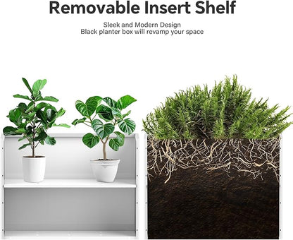 Heavy-Duty Galvanized Steel Planter with Removable Insert Shelf & 4 Drainage Holes - 32x12x24 Inches Large Size Outdoor/Indoor Garden Pot, White
