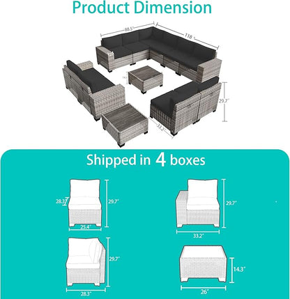 12-Piece Outdoor Patio Furniture Set Wicker Sectional Sofa Set, Patio Conversation Set with Thickened Cushions & Coffee Table for Garden, Backyard, Poolside, Dark Grey