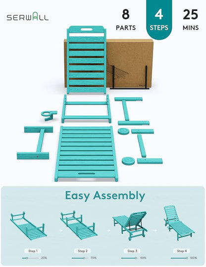 SERWALL Outdoor Chaise Lounge Set of 2, All-Weather HDPE Pool Lounge Chairs with 5-Position Adjustable Backrest, Rolling Wheels & Cup Holder for Poolside, Aruba