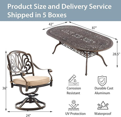 9-Piece Cast Aluminum Patio Furniture, Outdoor Dining Sets for 8 Include 87" Oval Patio Dining Table and 8 Swivel Chairs with Cushions & Umbrella Hole(Bronze)