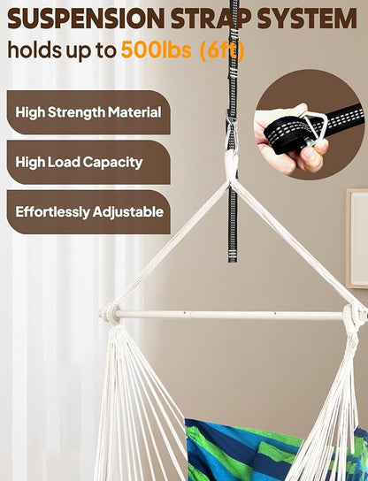 Chihee Hammock Chair Hanging Swing Max 500 Lbs 2 Cushions Included Metal Spreader Bar with Anti-Slip Grooves Portable Hanging Chair Side Pocket Large Macrame Bohemian Chair Indoor Outdoor