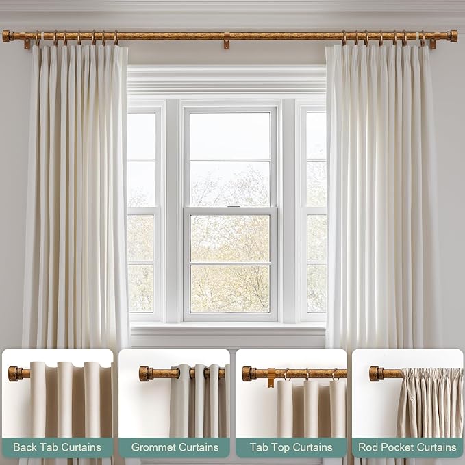 2 Pack Retro Gold Curtain Rods Set for Windows 28 to 48 Inches Adjustable Length Heavy Duty 1" Diameter Window Curtain Rod with Decorative Finials for Outdoor Bedroom Kitchen Living Room Farmhouse