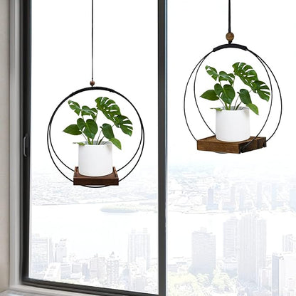 2 Pack Hanging Planter for Indoor Plants, Black Plant Hanger with Sturdy Wood Base, Modern Boho Macrame Hanger, Wall Ceiling Window Planter (Plants/Pots Not Included)
