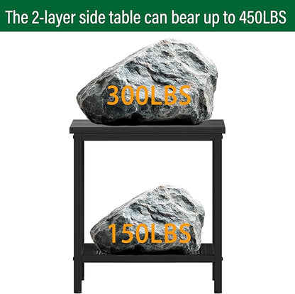 Outdoor Side Table with Storage, 2-Tier Patio End Tables Weather Resistant, Black Outdoor Accent Table,Small Side Table for Pool, Deck, Garden