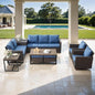 Belord Patio Conversation Set with Swivel Glider Chairs - 9 Piece Outdoor Sectional Furniture Set with Storage Box and Metal Top Table Brown Wicker/Blue Cushions