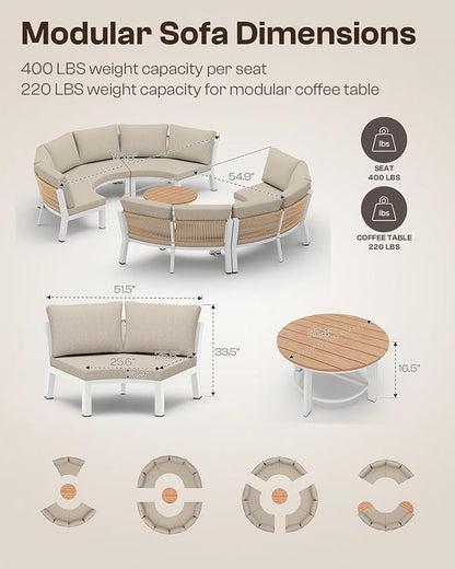 Outdoor Patio Sectional Modular Sofa, Aluminum 1 Piece Curved Patio Couch with Washable Cushions, All Weather PE Rope Sofa for Backyard,Porch, Deck, Poolsid, White