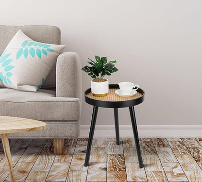 Rattan Round Side Table, Modern Boho Bedside Mid-Century Patio Side End Tables - Image 2