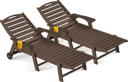 Ciokea Outdoor Chaise Lounge Chair Set of 2, Patio Lounge Chairs for Outside, HDPE Lounge Chairs with Wheels & Cup Holder, Poly Lounge Chair with 5 Position for Poolside, Deck, Dark Brown