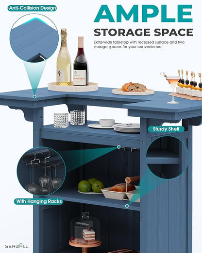 SERWALL Outdoor Bar Table Set (1 Table with 2 Chairs) – HDPE Blue Patio Bar Cabinet with 4-Tier Storage & Spacious Tabletop, Perfect for Outdoor, Poolside, Backyard