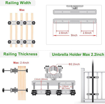 Heavy Duty Deck Railing Umbrella Holder, Adjustable Patio Umbrella Stand for 1-2 Inch Poles, Secure & Sturdy Railing Grille Mount, Maximizes Outdoor Space