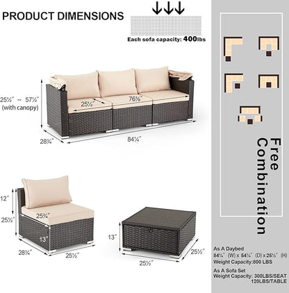 HOMREST 6 Pieces Patio Furniture Sets, Rattan Daybed with Retractable Canopy, Outdoor Sectional Sofa Set with Adjustable Backrest, Chaise Chair Sunbed for Garden Poolside Backyard (Khaki)