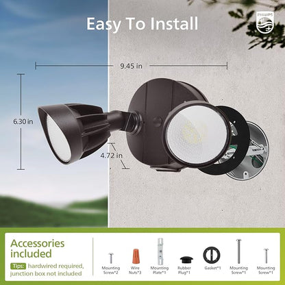 Philips 44W 3500LM ‌LED Security Flood Light‌ ‌Outdoor‌，Switch Controlled Aluminum ‌Security Light‌, 2 Adjustable Heads，5000K Daylight，Wet Location for Patio, Garden, Yard Lights