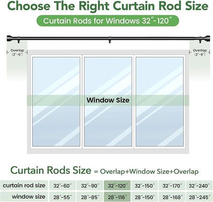 2 Pack Curtain Rods for Windows 66 to 120, 1 Inch Black Adjustable Heavy Duty Extra Long Curtain Rod with End Caps, Modern Indoor Outdoor Window Drapery Rods for Patio Bedroom, Size 32"-120"