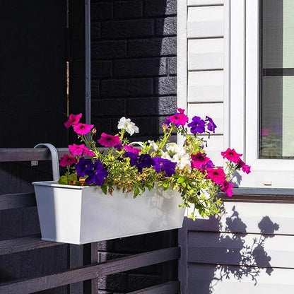 3 Pack Metal Railing Planters, 16 Inch Large Rectangular Hanging Flower Pots with Detachable Hooks & Drainage Holes, Fits Rails up to 2.5", Galvanized Iron Window Box for Balcony Garden - White