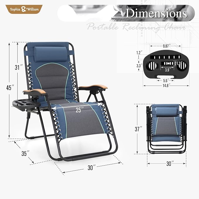 Zero Gravity Recliners Set of 2, Blue Oversized Outdoor Lounge Chairs