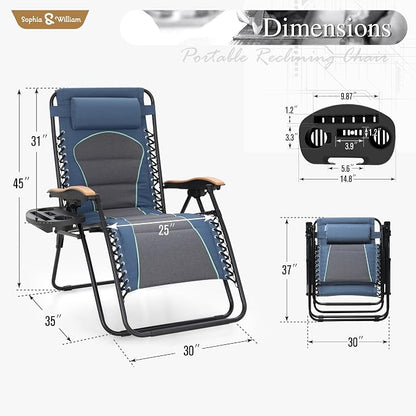 Zero Gravity Recliners Set of 2, Blue Oversized Outdoor Lounge Chairs