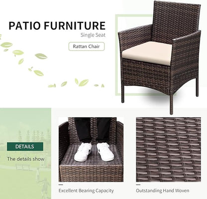 Greesum 3 Pieces Patio Furniture Sets Outdoor PE Rattan Wicker Chairs with Soft Cushion and Glass Coffee Table for Garden Backyard Porch Poolside, Brown and Beige