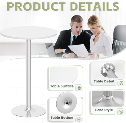 Flamaker Round Bistro Pub Table Modern Style Metal Base MDF Top Cocktail Bar Table Counter Bar Height for Pub, Dining Room, Party (2, White-Silver)