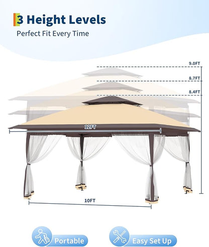 Canopy Tent 12x12 ft, Pop Up Gazebo One-Push Setup with 4 SandBags for Backyard Parties and BBQs, Mosquito Netting & Height Adjustable - Khaki & Coffee