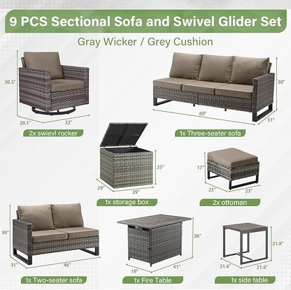 Belord Outdoor Sectional Sofa with 41" Propane Fire Pit Table - 9 Piece Patio Conversation Set with Storage Box and Swivel Rocker Chairs All-Weather PE Wicker Furniture Set Gray