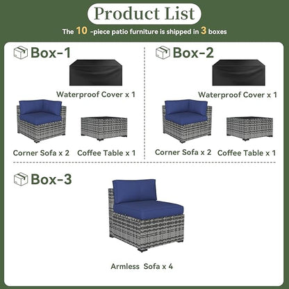 Aoxun 10 Piece Patio Furniture Set Wicker Rattan Patio Conversation Set Outdoor Sectional Sofa Set with Coffee Table and Thickened Cushions, Gray/Blue (Waterproof Cover Included)