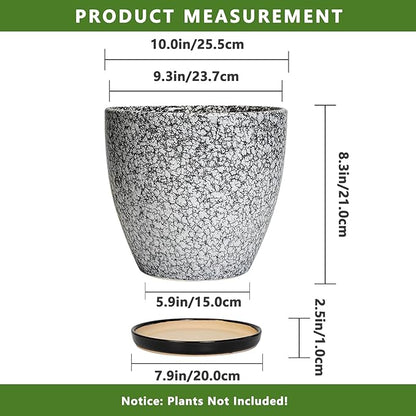 10 Inch Plant Pot - Ceramic Planter for Indoor Outdoor, Round Large Plant Pots, Modern Planter with Drainage Hole and Tray, Home Room Office Garden Decor, Gifts for Women Men, White-Black