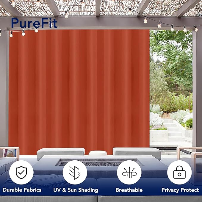 PureFit Outdoor Curtains for Patio Waterproof Weatherproof, UV Resistant Outside Curtains for Gazebo, Front Porch, Pergola, Sun Blocking Privacy Curtain, 120W x 95L inch, 1 Panel, Red Clay