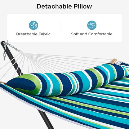 SUPERJARE Hammock with Stand, 2 Person Heavy Duty Hammock with Padded Cotton, Detachable Pillow & Strong Curved-Bar & Portable Carrying Bag, Perfect for Outdoor & Indoor - Dark Cyan
