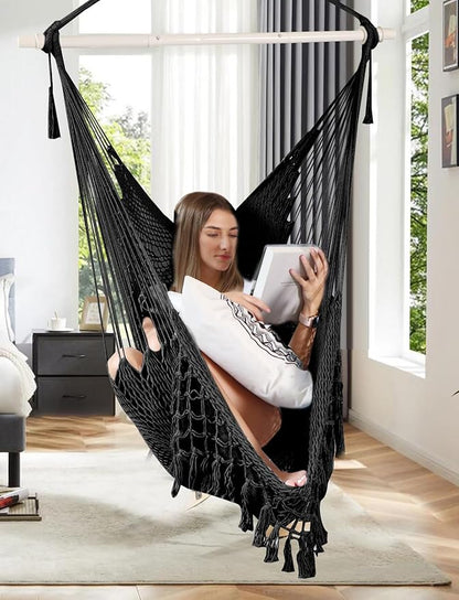 Chihee Hammock Chair Super Large Soft-Spun Cotton Rope Weaving Hanging Chair, Collapsible Strong Metal Spreader Bar Wide Seat Lace Stretch Swing Chairs Indoor Outdoor Garden Yard Theme Decoration