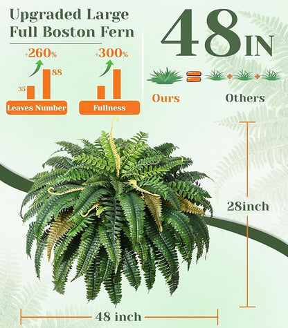 Set of 2 Large Autumn 88 Leaves Artificial Ferns for Outdoors Look Real, Fake Faux Boston Ferns for Outdoor Planter Realistic UV Resistant Artificial Fake Plants for Porch Patio Hanging 47 inch