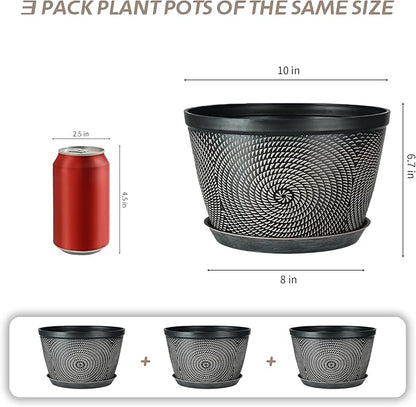 Quarut 10 Inch Flower Pots for Outdoor Indoor, 3 Pack Plastic Plant Pots with Drainage Hole & Tray, Modern Decorative Garden Pot with Saucer, planters for House (Brown)