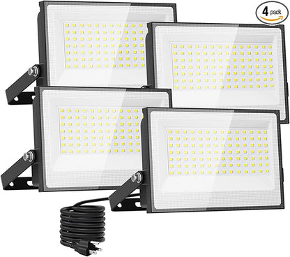 Onforu 120W Flood Lights Outdoor, 12000lm Bright LED Work Light with Plug, 6500K Daylight White LED Flood Lighting, IP66 Waterproof Security Yard Lights for Yard Garage Stadium 4 Pack