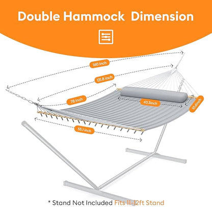 Double Hammock with Spreader Bar & Pillow, Portable 500lbs Capacity for Outdoor, Camping, Patio, Backyard Relaxation,Gray