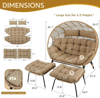 NICESOUL Double Egg Chair with Footstools & Cushions, Oversized Wicker Boho Chair Extra Large with Footrests Stationary 2 Person Loveseat Comfort Deep Seating for Indoor Outdoor